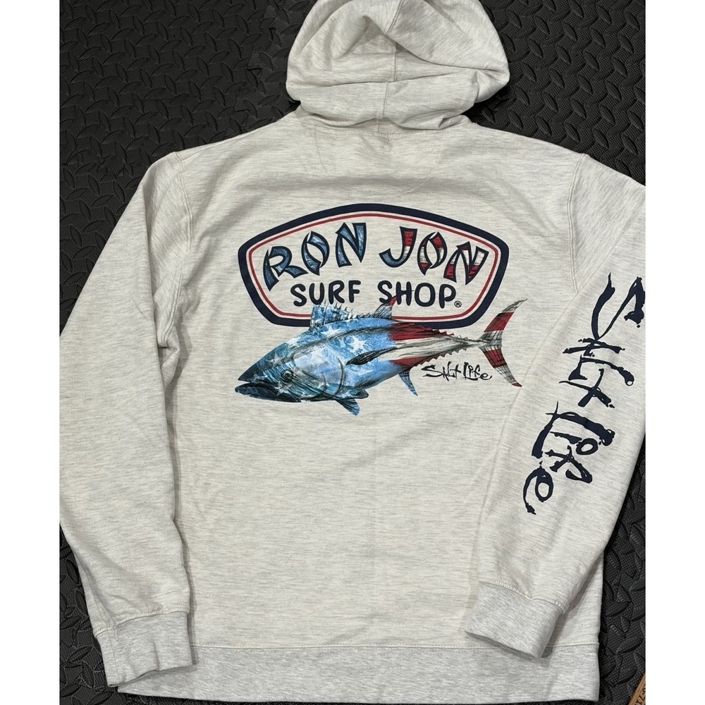Salt Life x Ron Jon Surf Shop L Gray Hoodie USA Flag Tuna Sleeve Logo Graphic